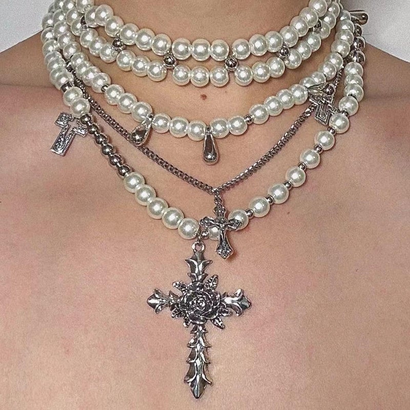 KURTCB Layered Pearl Necklace Gothic Cross Pearl Stacked Necklace for Women - Image 5